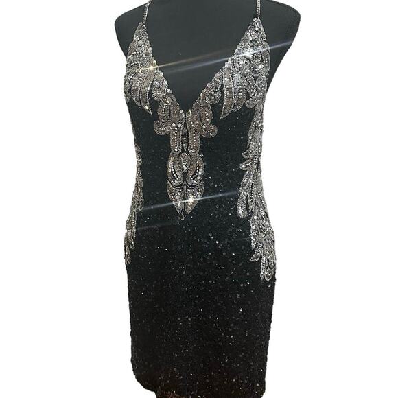 Enchanted Dresses & Skirts - NWT Enchanted Black & Silver Sequin Beaded Chain Straps Backless mini Dress SZ 6